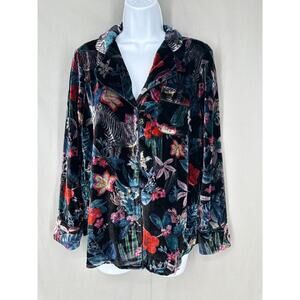 Banana Republic Top Womens XS Black Velvet Zebra Floral Colorful Button Artsy